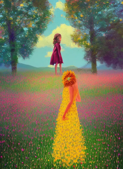 Prompt: girl with flower dress, standing in a field with flowers in the air, hills, big trees, sunrise dramatic light, impressionist painting, colorful clouds, digital painting, pointillism, artstation, simon stalenhag, flower head