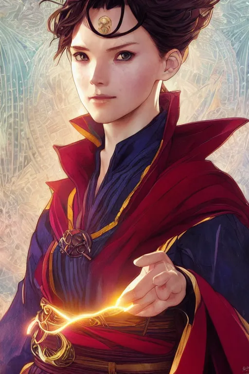 Image similar to anime key visual of a beautiful young female doctor strange, marvel comics, spells, magic, intricate, magical village, stunning, highly detailed, digital painting, artstation, smooth, hard focus, illustration, art by artgerm and greg rutkowski and alphonse mucha