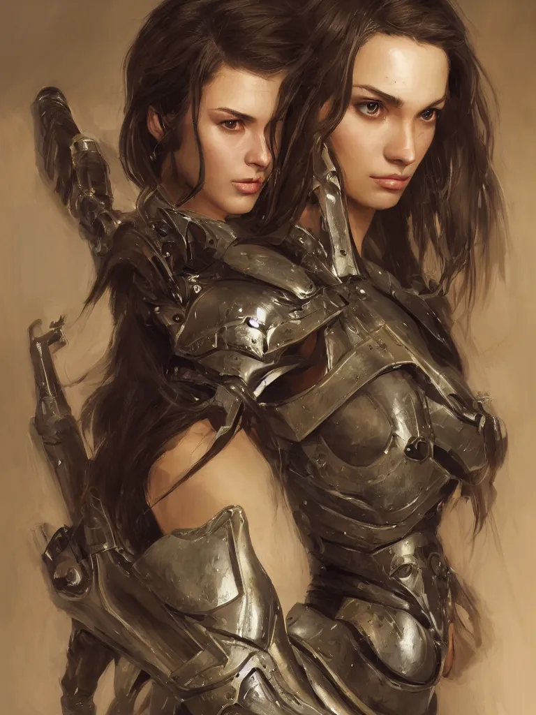 Image similar to a portrait of an attractive young woman, clothed in battle armor, olive skin, long dark hair, beautiful bone structure, symmetrical facial features, intricate, elegant, highly detailed, digital painting, trending on Artstation, concept art, smooth, sharp focus, illustration, from Metal Gear by Ruan Jia and Mandy Jurgens and Artgerm and greg rutkowski and william-adolphe bouguerea, award winning