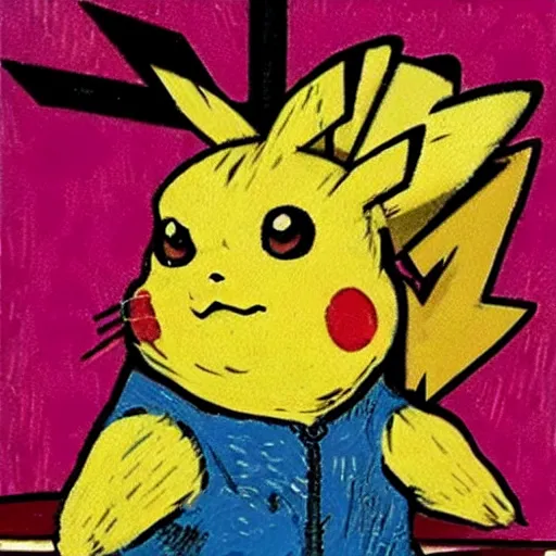 Prompt: van Gogh paintings pokemon card Pikachu glistening in oil, posing. McGinnis, pulp comic style, circa 1958, photorealism