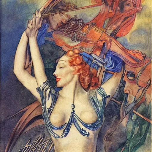 Image similar to 1 9 5 0 s orchestral music album art, art deco, by alan lee and albrecht durer