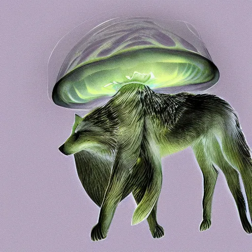 Image similar to a wolf-jellyfish-squid, digital painting, but as a wildlife photography