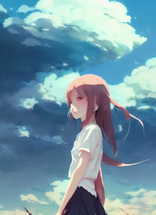 Image similar to portrait of cute girl, cloudy sky background lush landscape illustration concept art anime key visual trending pixiv fanbox by wlop and greg rutkowski and makoto shinkai and studio ghibli