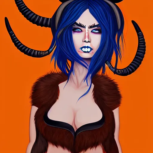 Image similar to illustrated portrait of ram-horned devil woman with blue bob hairstyle and colored orange skin tone and with solid black eyes and black sclera wearing leather by rossdraws