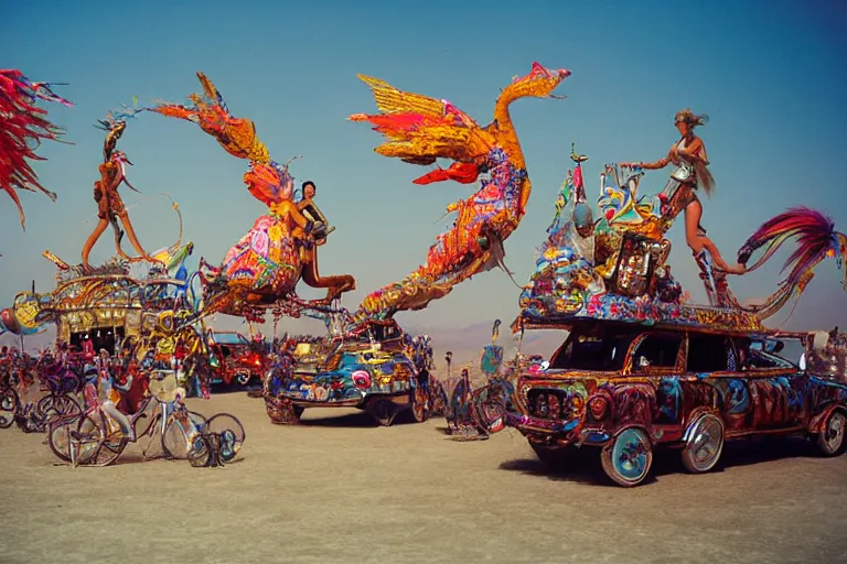 Image similar to creative fanciful Art Cars of BurningMan on the Playa, Kodachrome, photorealistic, detailed with colorful people,