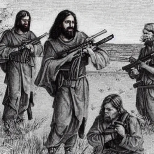 Image similar to jesus with m 1 6 rifle gun killing demons