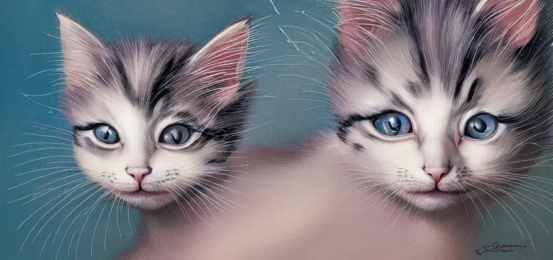 Prompt: a kitten, portrait and translucent and hyperrealistic and ultra - detailed in the style of roger dean, jin kagetsu, james jean, chris cunninham, hans bellmer and wlop, bloom, glow, reflection, refraction, matte, glossy, smooth, emissive material