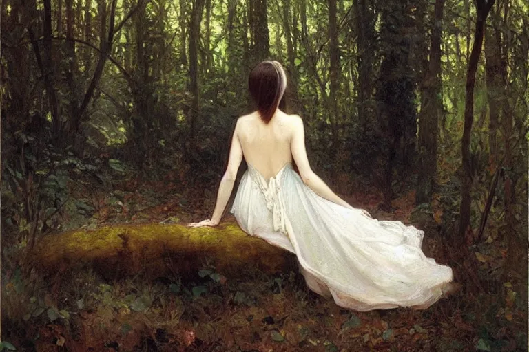 Image similar to a beautiful painting of the back view of a young lady in white dress sitting by the river in a grown forest, washing her dark long hair, sunlight reflected on the river, Mucha, Mohrbacher