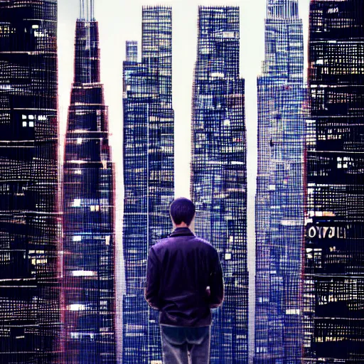 Prompt: man surrounded by skyscrapers covered with billboards playing ads, dystopian, dystopia, dramatic, sad, raining, ultra detailed, super detailed, detailed, award-winning, 8k,