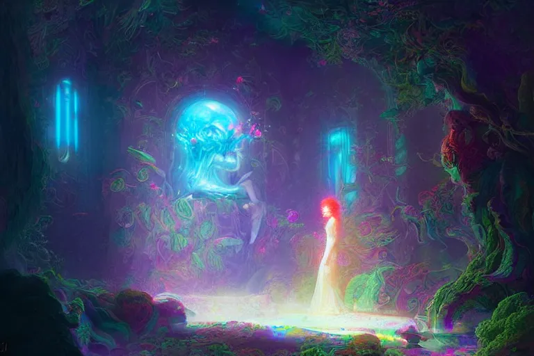 Image similar to a psychedelic realm hidden away in a pocket of ethereal understanding astral beings sharing love greg rutkowski wlop lisa frank bob ross ruan jia illustration