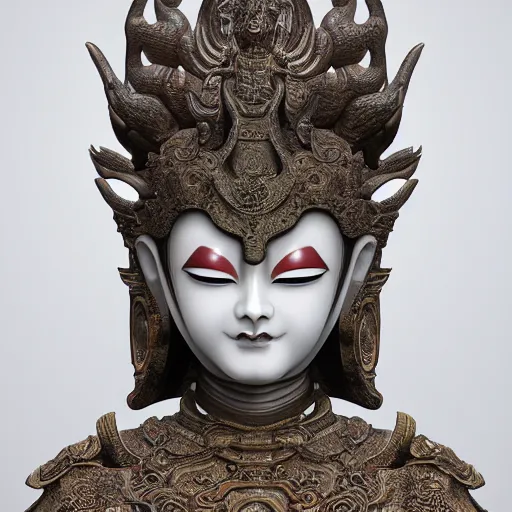 Image similar to naraka buddhist demon korean female, highly detailed, symmetrical long head, smooth marble surfaces, detailed ink illustration, raiden metal gear, cinematic smooth stone, deep aesthetic, concept art, post process, 4 k, carved marble texture and silk cloth, latex skin, highly ornate intricate details, in the style of 8 8 grzes