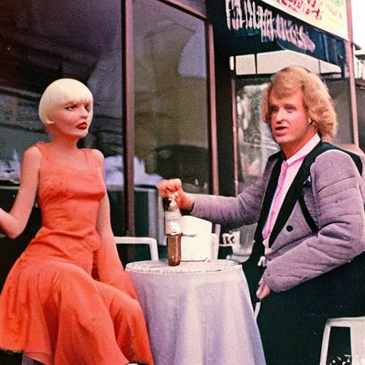 Image similar to 1981 color archival photo of a glamorous woman in a dress, and her friend, Casper the Friendly Ghost, in a sidewalk cafe, 16mm film soft color, earth tones and soft color 1981, live-action archival footage, in style of doris wishman russ meyer, woman looks like young mia farrow