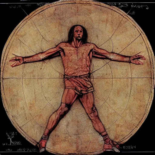 Image similar to Michael Jordan as the Vitruvian Man by leonardo da vinci, detailed, 8k, intricate blueprint