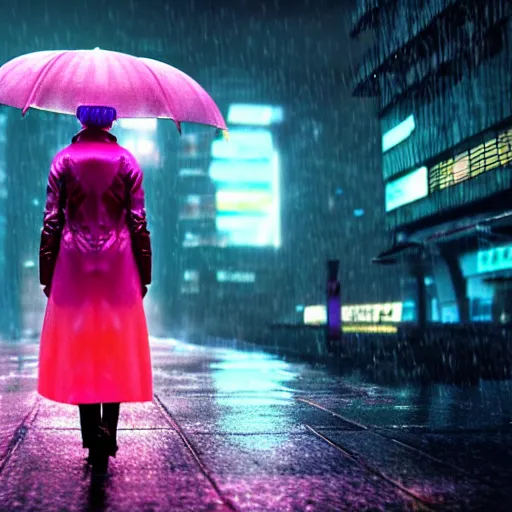 Image similar to ciberpunk city of the future, blade runner style, octane render, digital art, rain, beautiful girl with umbrella wearing a clear raincoat , pink hair, cinematic, 8k, very intricate, 80's, night time,