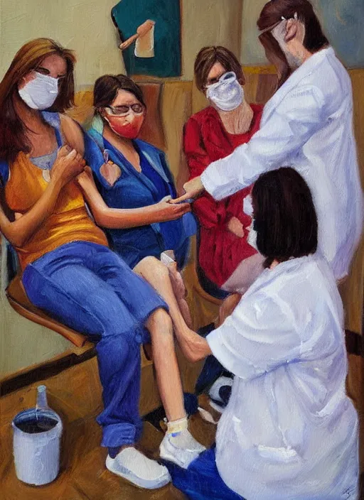 Image similar to oil painting of women getting vaccinated, high details, art by axion