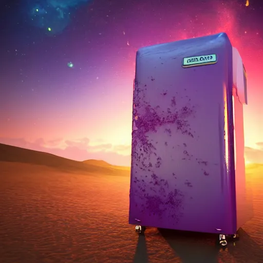 Image similar to purple refrigerator on red beach, nebula sunset, digital art, cosmic, 3 d high definition, trending on art station, photorealistic, high resolution, 8 k, octane, hyper detailed, insane details, intricate, elite, ornate, elegant trend, highly detailed and intricate, sharp focus, photography, unreal engine