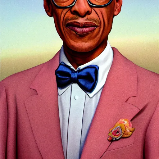 Prompt: Portrait of Gus fring by gerald brom, full body, light pink sunrise, calm atmosphere