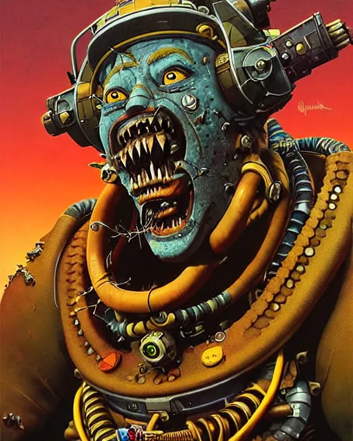 Image similar to junkrat from overwatch, character portrait, portrait, close up, concept art, intricate details, highly detailed, vintage sci - fi poster, in the style of chris foss, rodger dean, moebius, michael whelan, and gustave dore