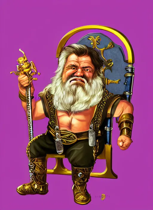 Image similar to dwarf fighter sitting in mechanical chair that has spider legs, gold and purple, exquisite details, black beard, white background, by studio muti