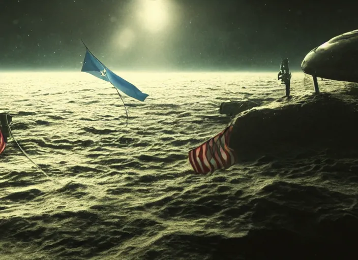 Prompt: astronaut underwater putting a flag on the sand in the bottom of the ocean. in the background, a submarine is visible. dark, concept art, cinematic, dramatic, atmospheric, 8 k, trending on artstation, zack snyder