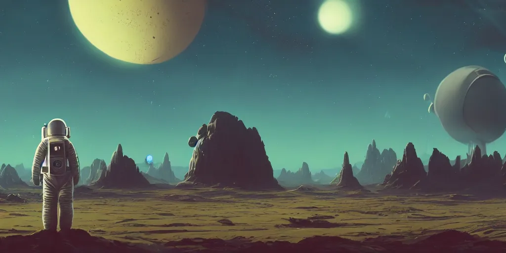 Prompt: a lonely astronaut overlooking at an amazing alien landscape, digital art, breathtaking, extremely detailed, establishing shot, hyperrealistic, dynamic lighting, particles, unreal engine, simon stålenhag, rendered by Beeple, Makoto Shinkai, syd meade, simon stålenhag, Ruan Jia, Kentaro Miura, environment concept, trending on artstation, octane render, 4K UHD image