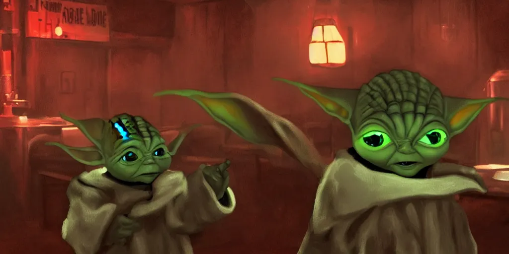 Image similar to baby yoda sings karaoke down at the local pub, rgb ambient lighting, dramatic lighting, style of mandalorian, rougue one, space odyssey 2 0 0 1, digital art.