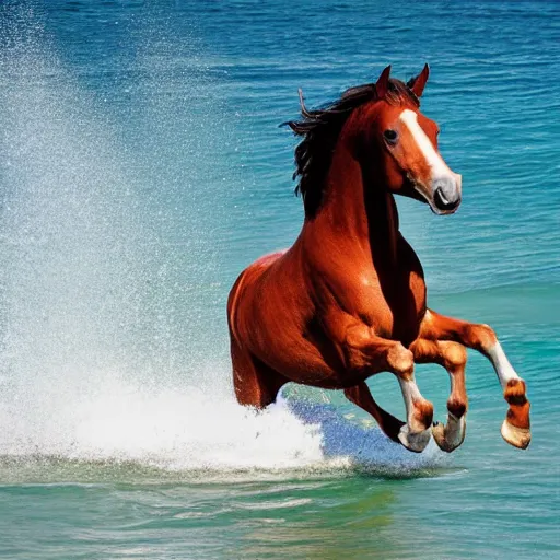 Prompt: a horse prancing in the ocean