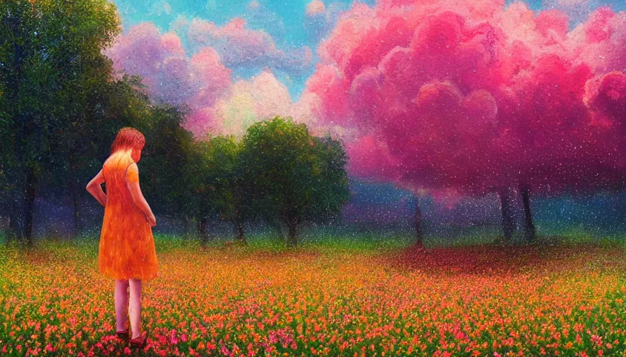 Prompt: girl with an blooming flower face, surreal photography, dream, standing in flower field, hills, big trees, sunrise dramatic light, impressionist painting, colorful clouds and birds in sky, digital painting, pointillism, artstation, simon stalenhag