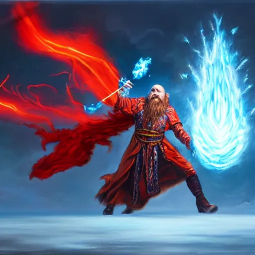 Image similar to Highly detailed oil painting, concept art, of a wizard casting a fireball spell, fighting against a huge ice giant, red and blue color scheme, concept art, highly detailed.