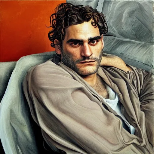 Image similar to high quality high detail painting by lucian freud, hd, portrait of joaquin phoenix