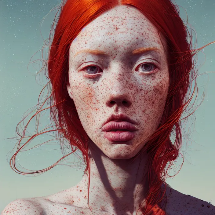 Image similar to portrait of a redheaded woman with freckles. intricate abstract. intricate artwork. by Tooth Wu, wlop, beeple, dan mumford. octane render, trending on artstation, greg rutkowski very coherent symmetrical artwork. cinematic, hyper realism, high detail, octane render, 8k, chrome accents