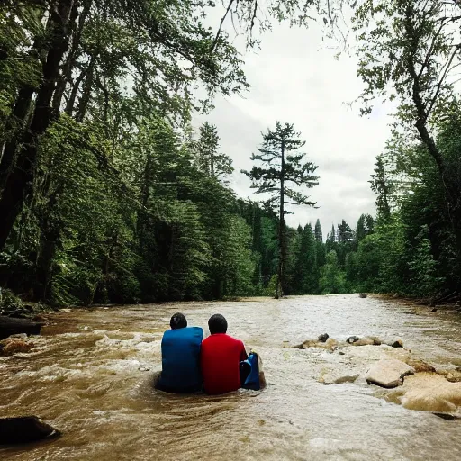 Image similar to two men sitting on a small damn on a river with a forest in the background