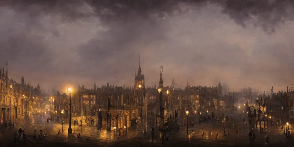 Prompt: matte painting of a city in 1 9 th century, england at night while it rains, canon eos r 3, f / 1. 4, iso 2 0 0, 1 / 1 6 0 s, 8 k, raw