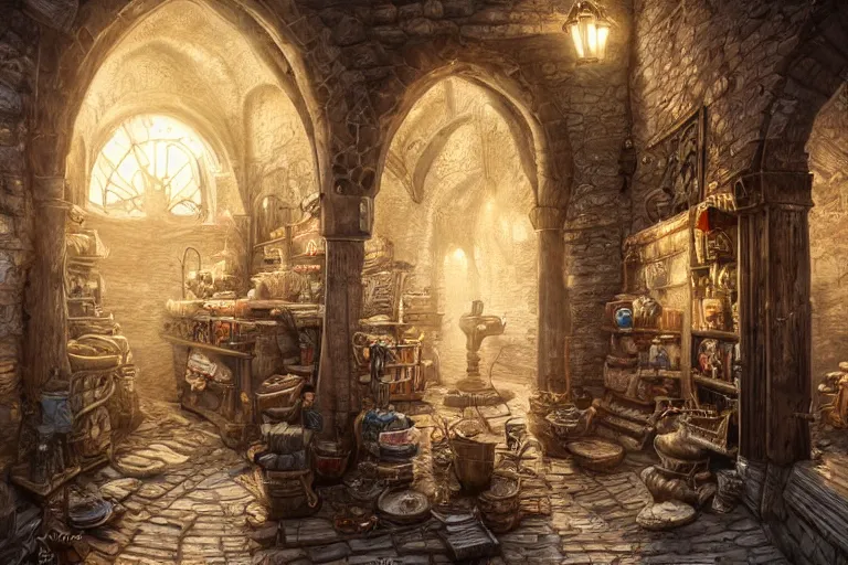 Image similar to A miniscule shop viewed from the inside, texture, intricate, details, highly detailed, masterpiece, architecture, building, trending on artstation, focus, sharp focus, concept art, digital painting, fantasy, sunny, day, midday, in the style of Dungeons and Dragons