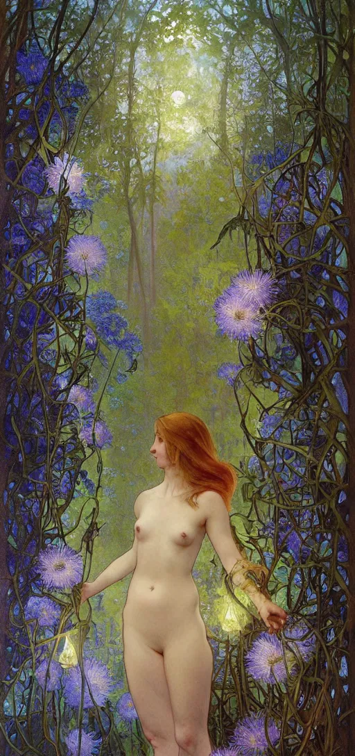 Image similar to painterly dreamy Kupala Night in the blue night forest with trees which have eyes, giant flowers, glowing owls, deers, beautiful women, lianas, thistles, giant fantasy creatures, a stream and sky with moon and stars by Alphonse Mucha, Ellen Sheidlin, dark fantasy, very detailed oil painting in the alla prima style, volumetric lighting, masterpiece, 8k