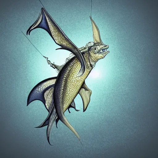 Image similar to fish with gollum face flying, rainy, lighting, dragon wings