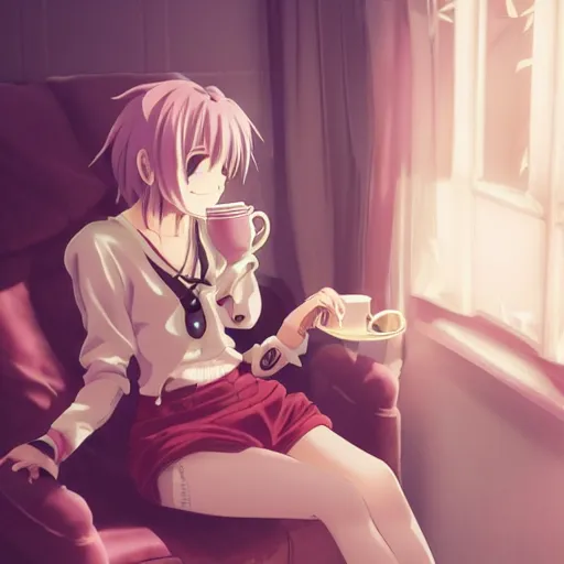 Image similar to a beautiful anime woman enjoying a cup of tea while sitting on a reclining chair in her room and looking at the moon from her window, anime, concept art, trending on artstation 3D.