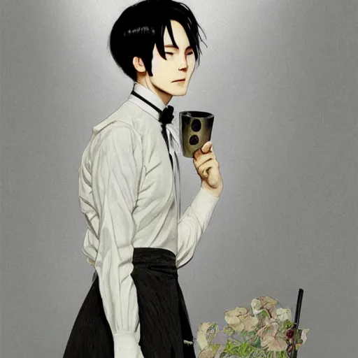 Image similar to full body cottagecore painting of Levi Ackerman, south Korean male, wearing a black and white maid dress, short, short hair, pointy nose, annoyed. elegant. highly detailed, digital painting, artstation, concept art, smooth, sharp, focus, illustration. art by artgerm and greg rutkowski alphonse mucha and Marat Safin