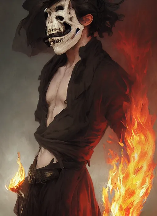 Prompt: character concept portrait of an attractive young angry Spanish wizard with pale black skin and a parital skull mask enchanting a flaming seduction spell, a floating burning spell book in the center, intricate, elegant, digital painting, concept art, smooth, sharp focus, illustration, from Metal Gear, by Ruan Jia and Mandy Jurgens and William-Adolphe Bouguereau, Artgerm