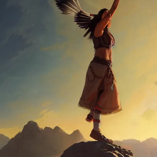 Image similar to full body portrait of young native american woman standing on rock, triumphant, looking up skywards, clothed, norman rockwell, logan maxwell, ryan pancoast, artstation fantasy character