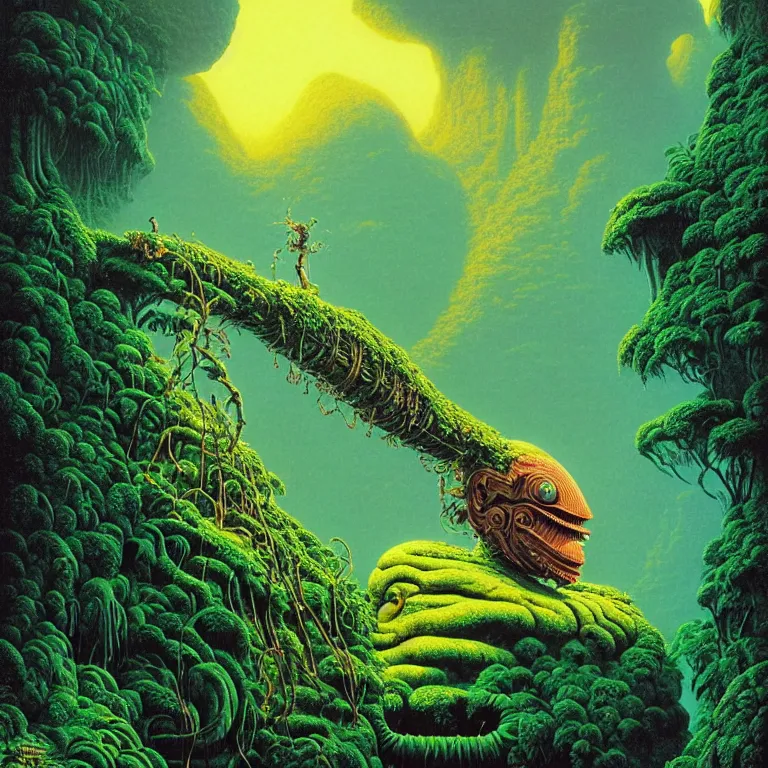 Prompt: giant sleeping biomechanical stone head sailing over lush rainforest mountaintops, synthwave, bright neon colors, highly detailed, cinematic, tim white, vladimir kush, philippe druillet, roger dean, bob eggleton, michael whelan, boris vallejo, alfred kelsner, kubrick, jaroslaw jasnikowski