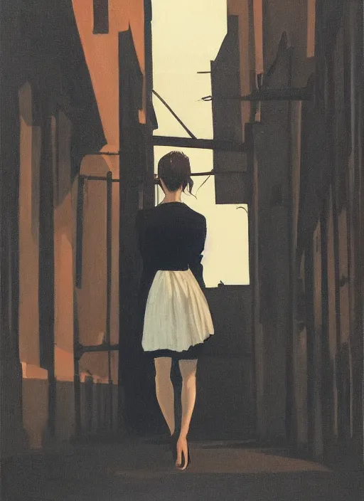 Prompt: a portrait of emma watson, standing in an empty dark street, highly detailed, dramatic lighting, intense shadows, rich deep colours, by jack vettriano