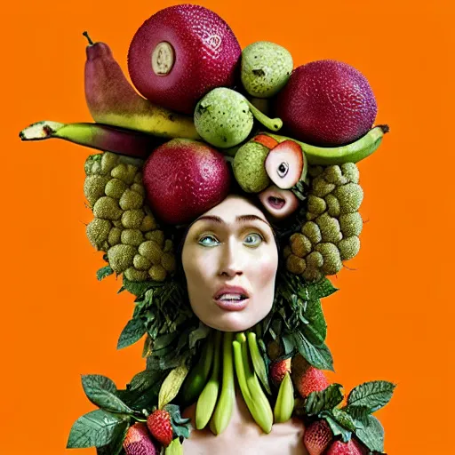 Image similar to fruit dryad megan fox editorial by malczewski and arcimboldo, vegetables dryad sculpture by arcimboldo, stil frame from'cloudy with a chance of meatballs 2'( 2 0 1 3 ) of banana dryad, fruit hybrid megan fox editorial by alexander mcqueen and arcimboldo