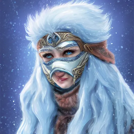 Prompt: bandit from ‘ icewind dale ’ and ‘ icewind dale heart of winter ’, with a frost blue gem mask lined with copper, ‘ icewind dale 2 ’ profile portrait by ‘ justin sweet ’, perfect face, pretty face, falling snow, soft focus, illustration, oil paint,