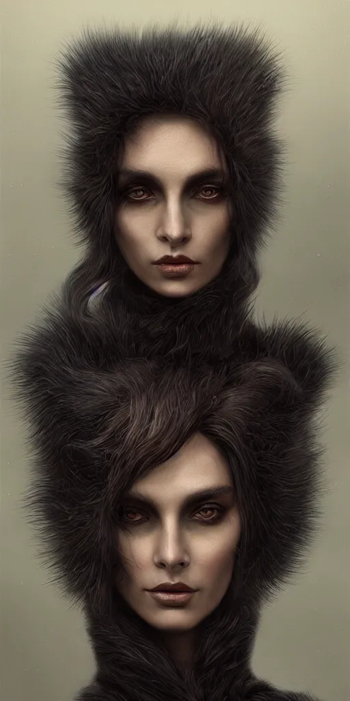 Image similar to a hardcore longshot portrait of a tall dark sombre woman wearing furs in autumn, hyperrealistic, highly detailed, intricate, sci-fi, sharp focus, trending on Artstation HQ, deviantart, unreal engine 5, 4K UHD image, in the style of Tom Bagshaw, Cedric Peyravernay, Peter Mohrbacher