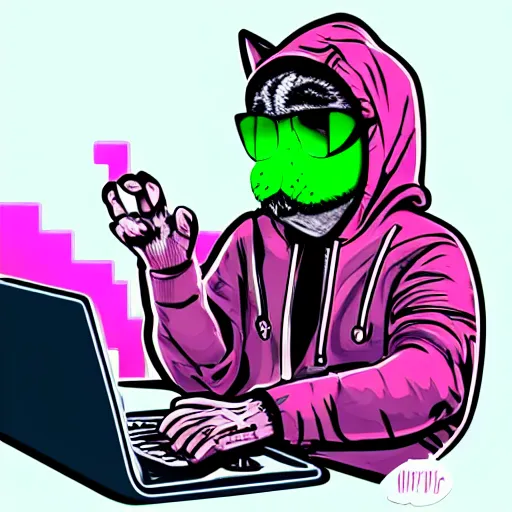 Prompt: cat in hoodie and glasses sits at the laptop, digital art, sticker, cyberpunk, synthwave, unreal engine