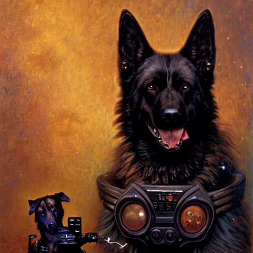 Prompt: a portrait of a black german shepard dogman canine viking with human eyes smiling holding computer console. shadowrun cyberpunk fantasy d & d highly detailed painting by gaston bussiere craig mullins jc leyendecker gustav klimt artgerm greg rutkowski