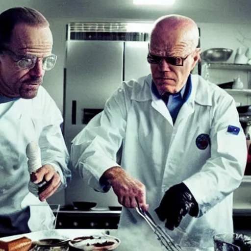 Prompt: “Very photorealistic screenshot of Joe Biden and Walter White cooking drugs in an episode of Breaking Bad, atmospheric lighting, award-winning”