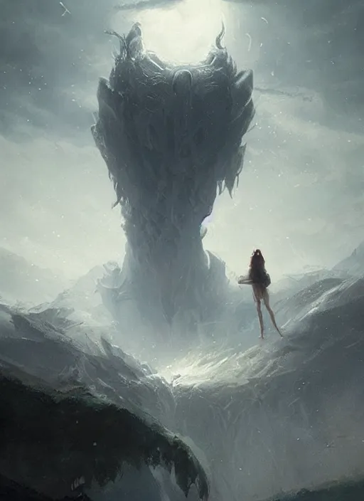 Image similar to a beautiful terrifying pale humanoid giant looms over a tiny human. ethereal fantasy art by greg rutkowski