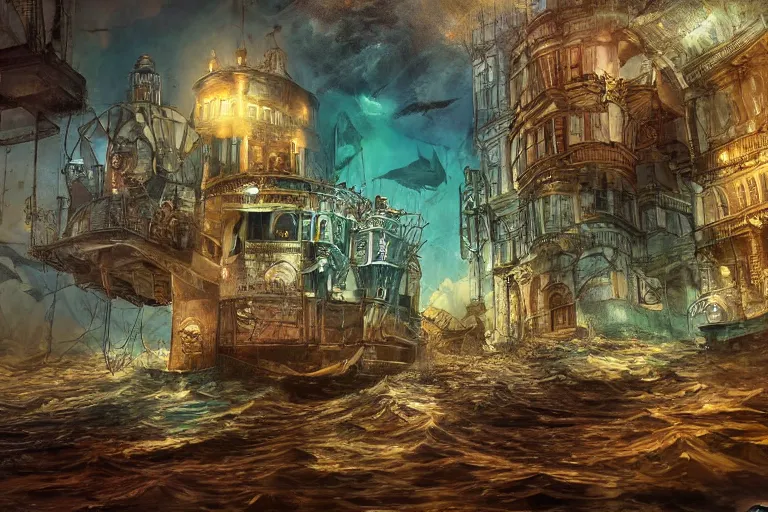 Image similar to a steampunk istanbul, underwater, digital painting, mixed media, trending on artstation and deviantart, epic composition, highly detailed, 8 k